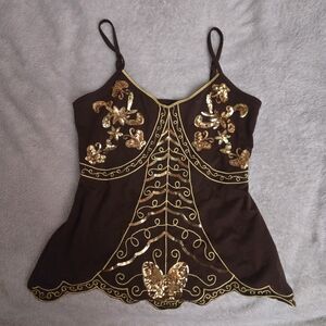 Elegant Brown and Gold Embellished Tank Top